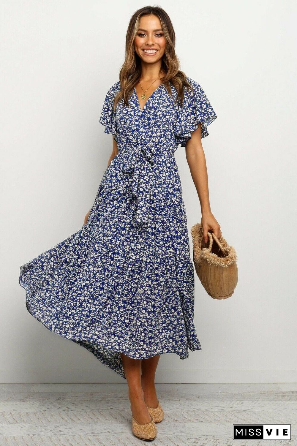 Short Sleeve Floral Tie Front Maxi Dress