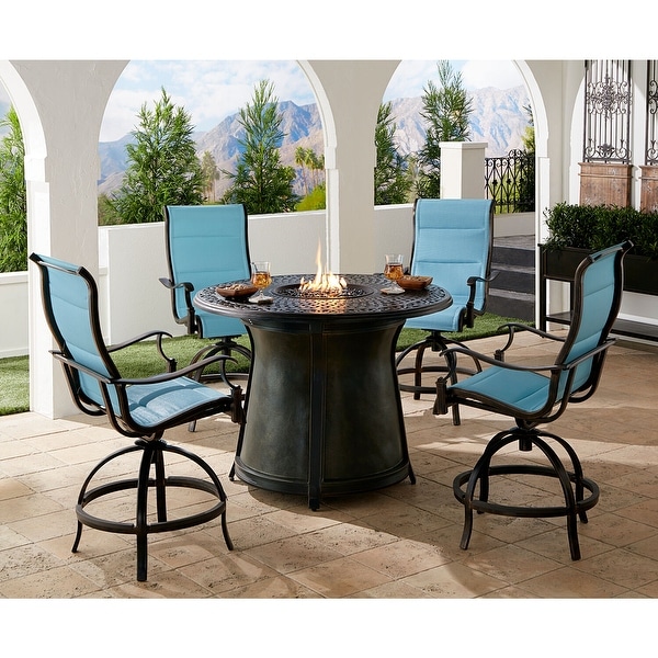 Hanover Traditions 5Piece HighDining Set in Blue with 4 Padded CounterHeight Swivel Chairs and 40，000 BTU Fire Pit Table