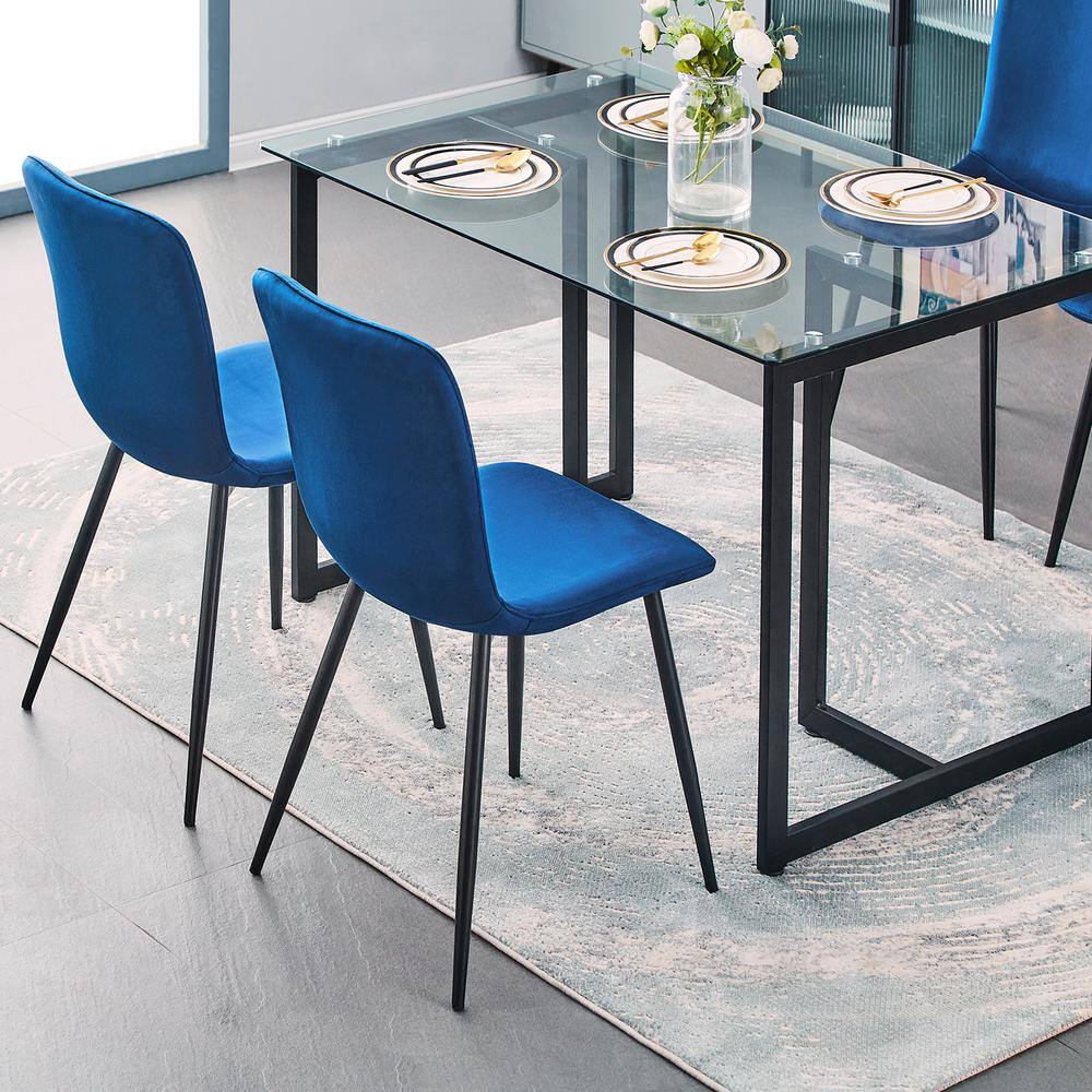 Homy Casa Slip Scargill Blue 5-Pcs Dining Set with Glass Top Black Leg Table and Velvet Upholstered Chairs SLIP GLASS BLACK LEG +SCARGILL BLUE