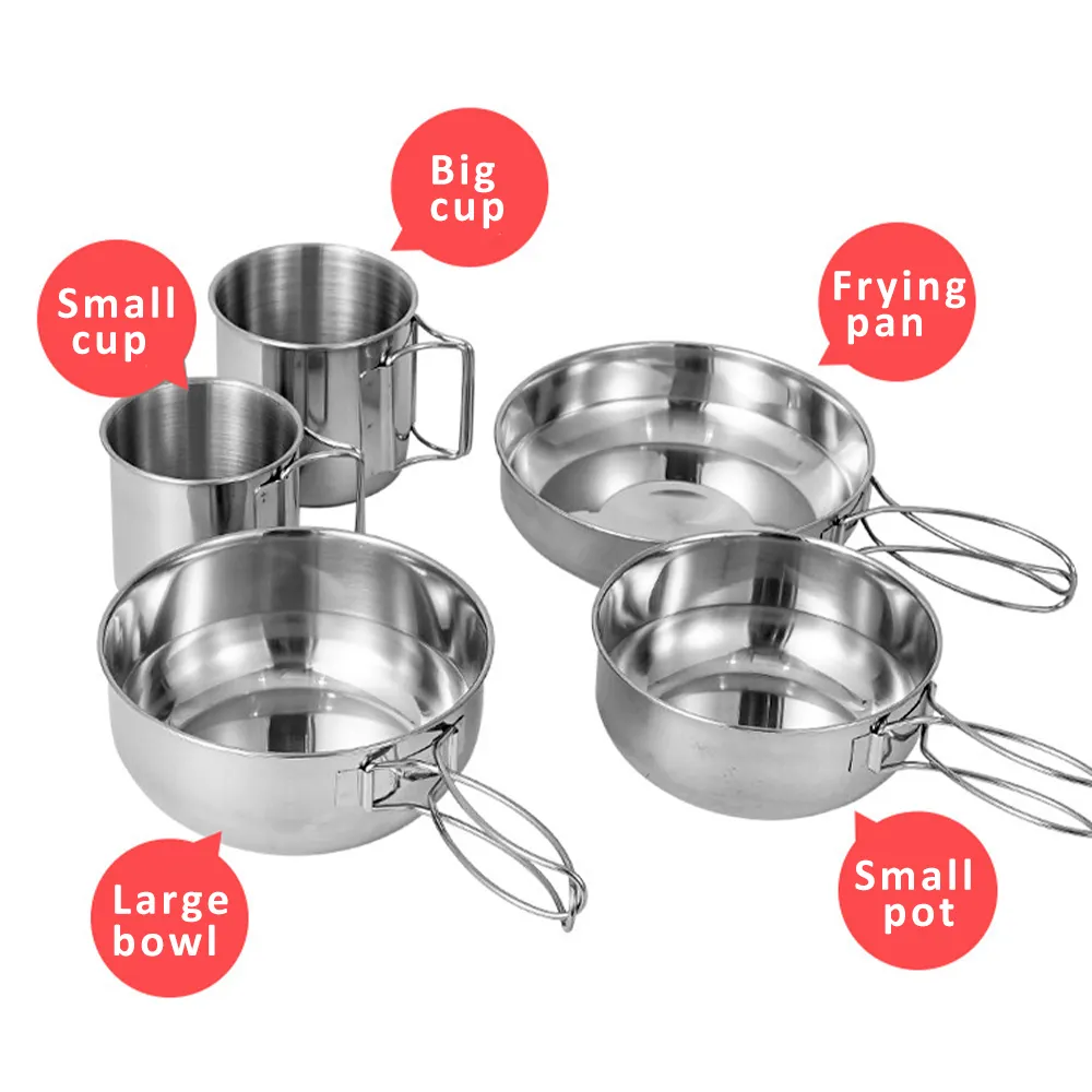 Cross border outdoor mountaineering portable 5 piece pot camping picnic barbecue travel fishing stainless steel cups and bowls