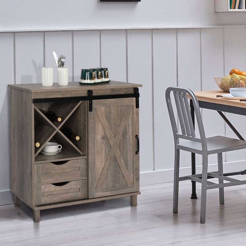 Wooden Cabinet Sideboard Dining Buffet with Drawers  X Shaped 4 Wine Rack Gray