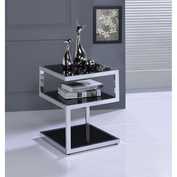 Modern Alyea Side Table with 2 Open Comparments (Chrome and Black Glass)