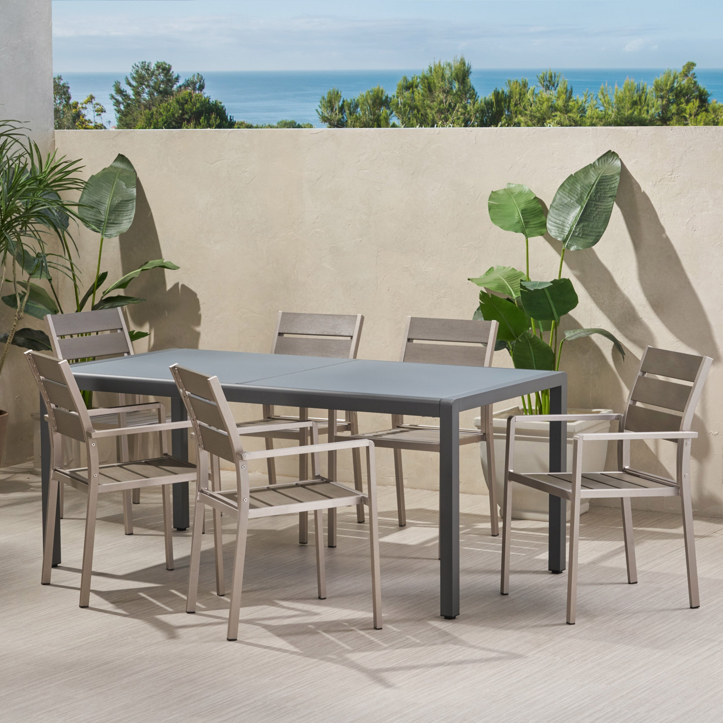 Cherie Outdoor Modern 6 Seater Aluminum Dining Set with Tempered Glass Table Top