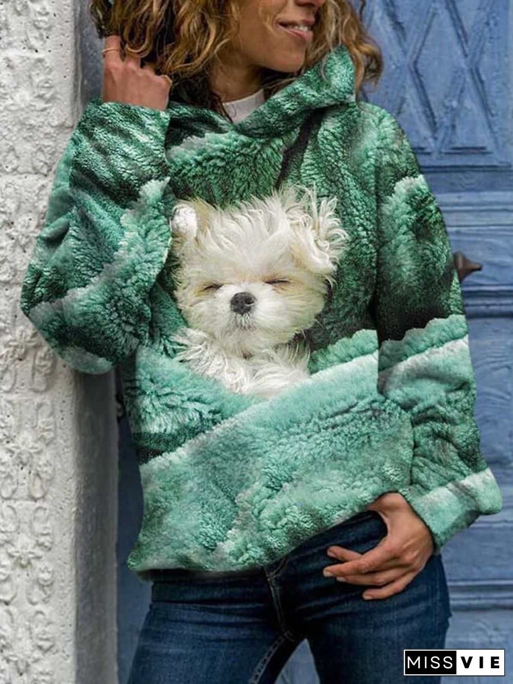 Fashionable Dog Print Hooded Long-Sleeved Sweatshirt