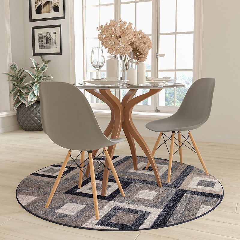 Masada Rugs Newton Collection Modern 5'x5' Round Accent Rug with Geometric Square Pattern in Blue， Gray and White