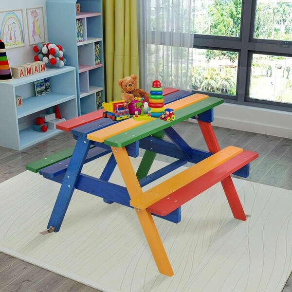 4Seat Outdoor Kids Picnic Table Bench Set with Removable Umbrella