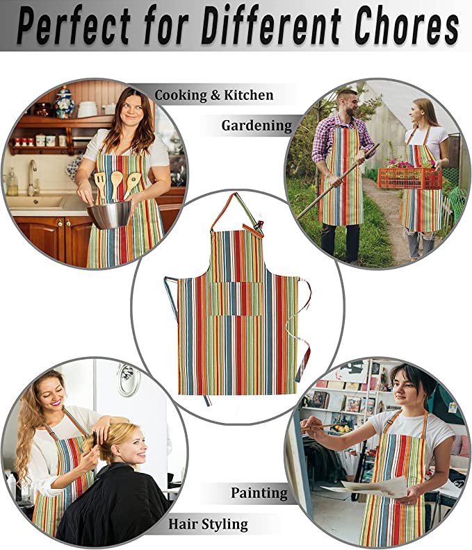 Ruvanti Cute Aprons for Women with Pockets Adjustable up to XXL， Cooking， Kitchen， Server， Chef Apron-Multi Stripe