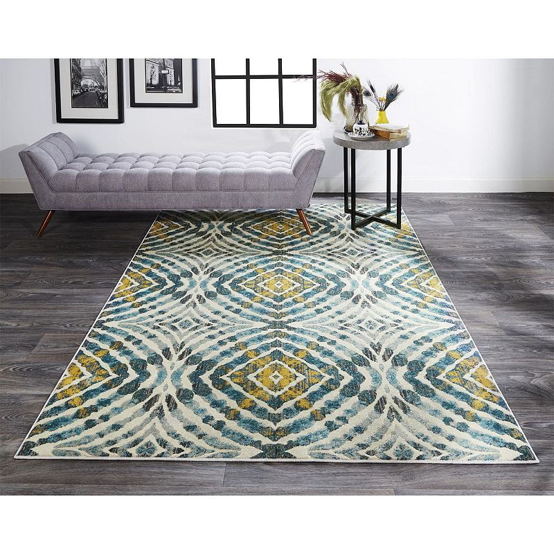 2' x 4' Teal Blue and Yellow Abstract Ikat Rectangular Area Throw Rug