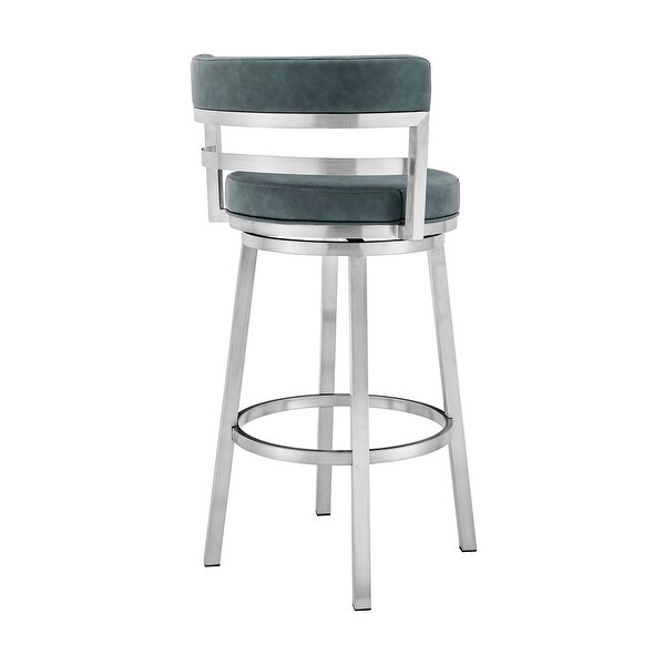 Eva 30 Inch Padded Swivel Bar Stool Chair， Steel Finish， Blue Faux Leather