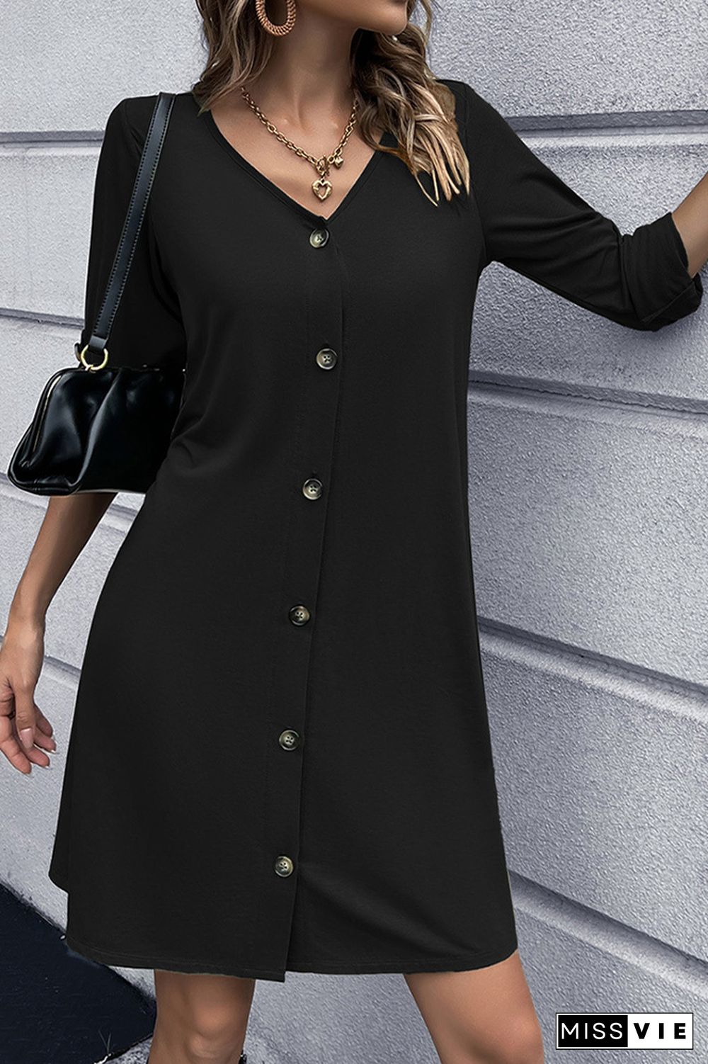 V Neck Front Open Button Long Sleeves Dress