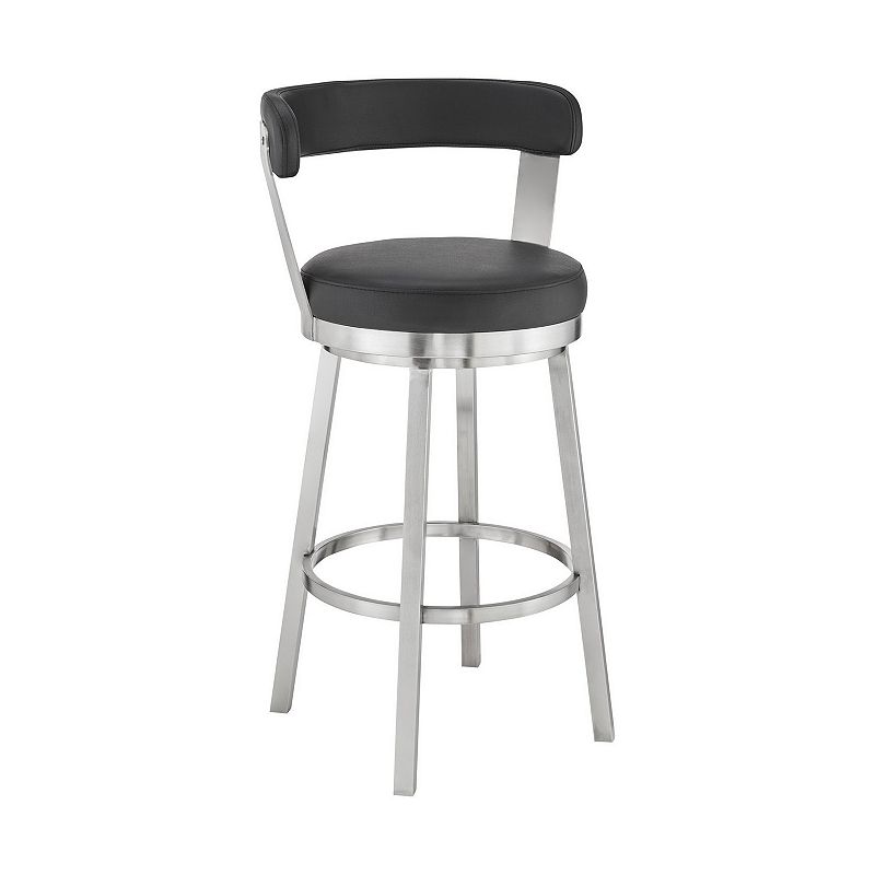 Emma 30 Inch Bar Height Swivel Stool， Steel Legs， Vegan Faux Leather， Black