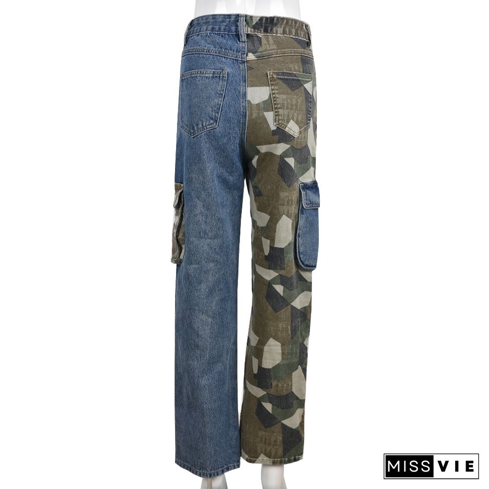 High Waist Patchwork Camouflage Cargo Denim Pants