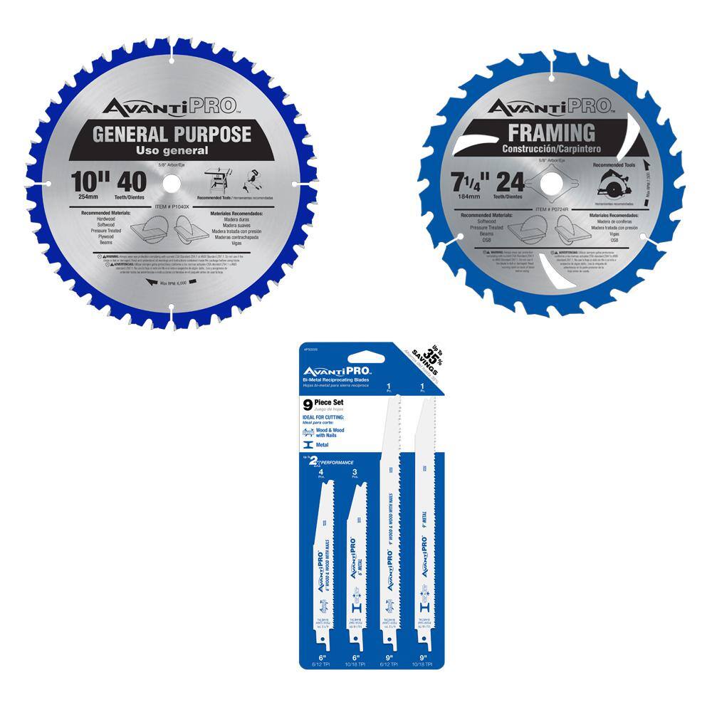 Avanti Pro 7-14 in. x 24-Tooth 10 in. x 40-Tooth Wood Circular Saw Blades and 9-Piece Wood and Metal Reciprocating Blade Set P0724R1040X09S