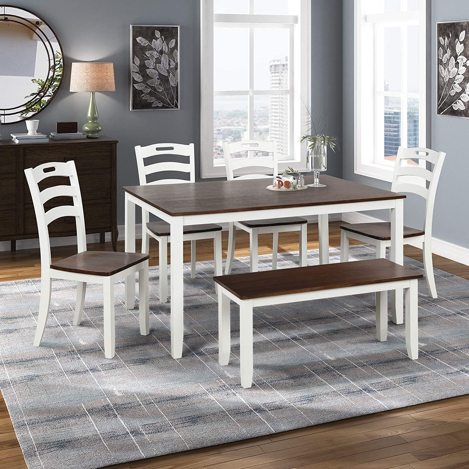 6 Piece Dining Table Set with 1 Bench, 1 Table, 4 Chairs for Home Dining Room Kitchen