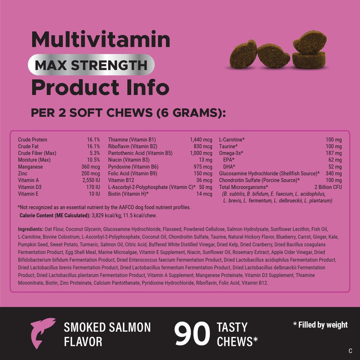 PetHonesty Multi Vitamin Max Strength Smoked Salmon Flavored Soft Chews All-In-One Vitamin Dog Supplement， 90 count