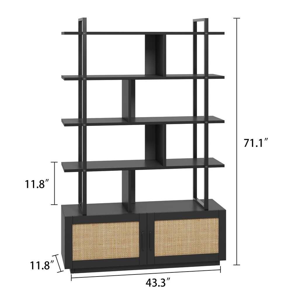 Ail 5 Tier Rattan Bookshelf with Storage Cabinet and door   43.3\