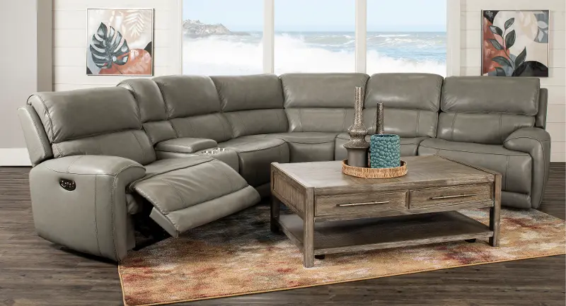 Mickey Gray Leather 6-Piece Power Reclining Sectional