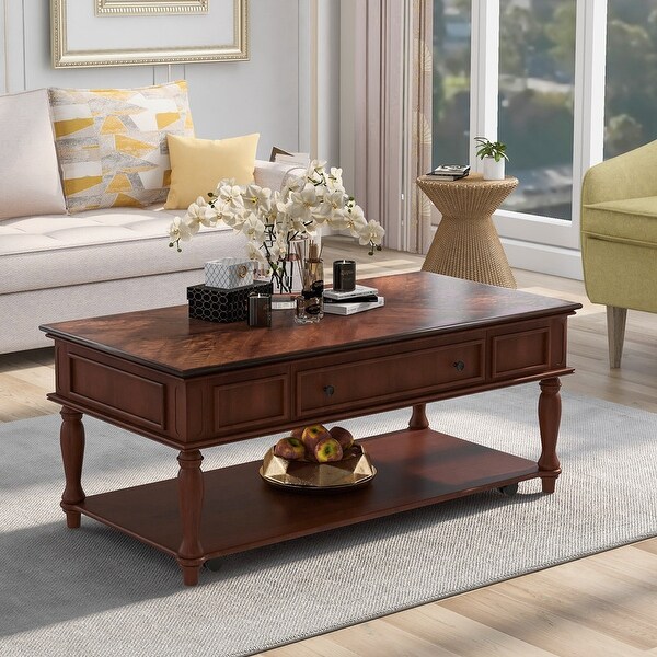 Classic wooden cocktail coffee table with removable vintage center drawers and open shelves