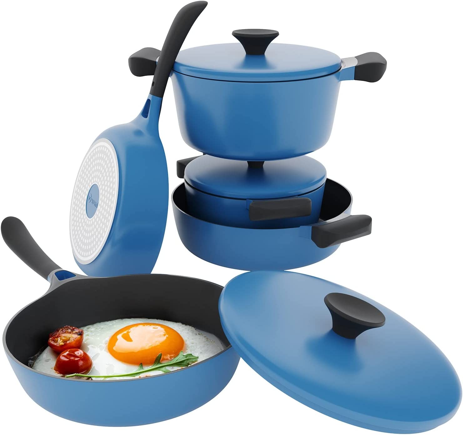 Vremi 8 Piece Ceramic Nonstick Cookware Set Induction Stovetop Compatible Dishwasher Safe Non Stick Pots and Frying Pans with Lids， Blue