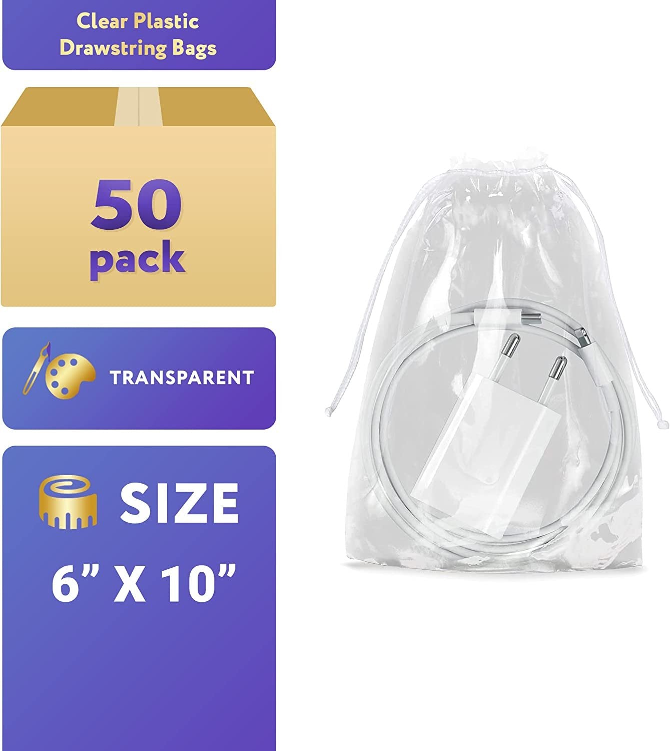 Clear Drawstring Bags 6 x 10， Pack of 50 Waterproof Drawstring Gift Bags， 2 Mil Polyethylene Travel Shoe Bags for Packing， Shipping， Storage， Shoe Dust Bags with Double Cotton Drawstrings