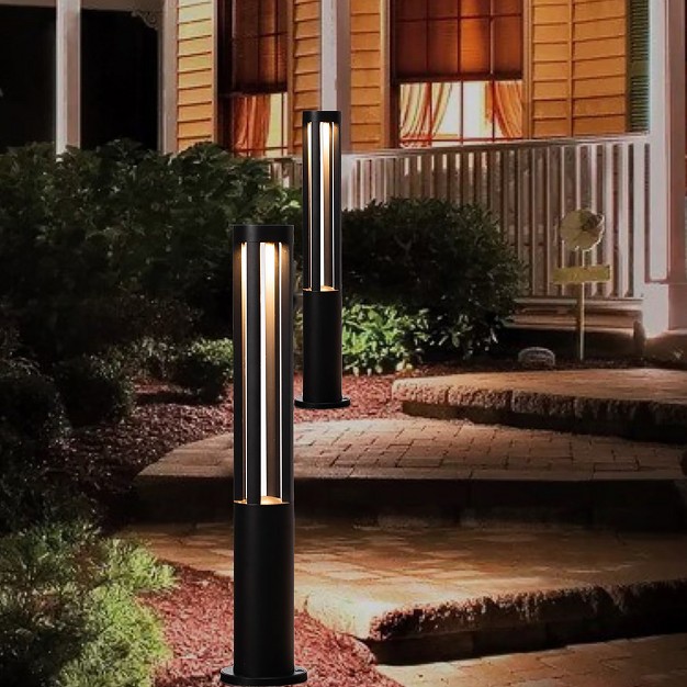 Gardenised Round Black Led Garden Aluminum Light Decorative Outdoor Bollard Light For Garden Pathway And Driveway