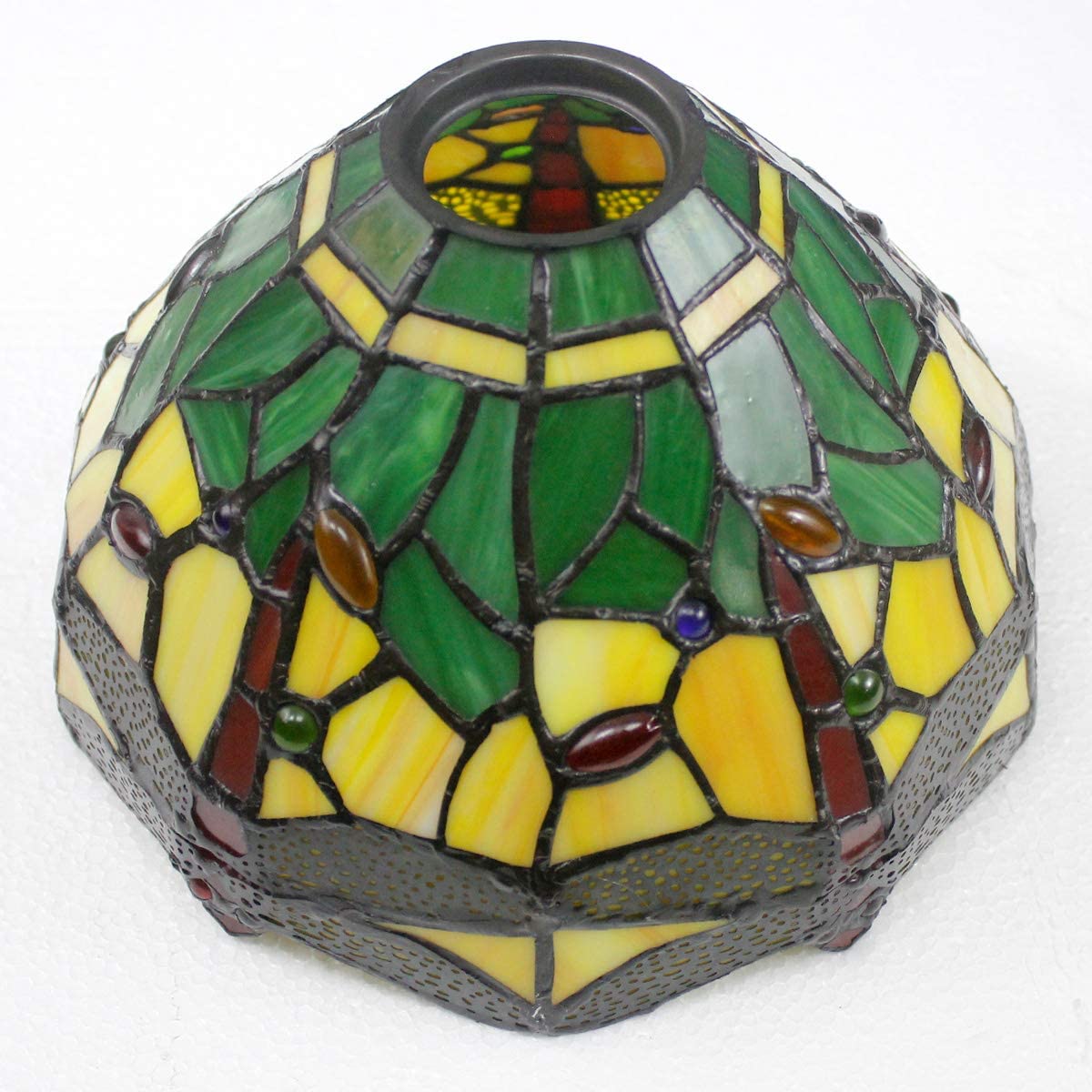 SHADY Tiffany Lamp Green Yellow Stained Glass Dragonfly Style Table Lamp Metal Leaf Base 8X10X21 Inches Desk Light Decor Small Space Bedroom Home Office S009G Series