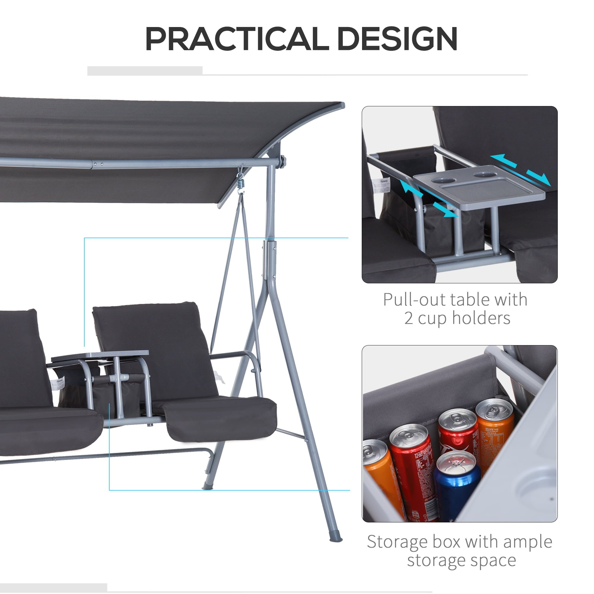 Outsunny 2 Person Porch Covered Swing Outdoor with Canopy, Table and Storage Console, Gray, Deck Swings