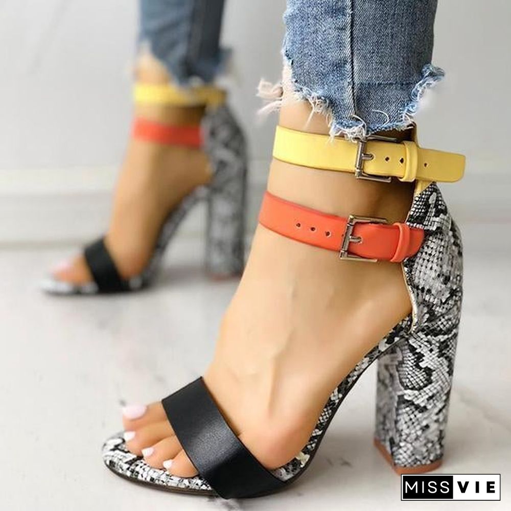 Contrast Color Snakeskin Buckled Chunky Heeled Sandals