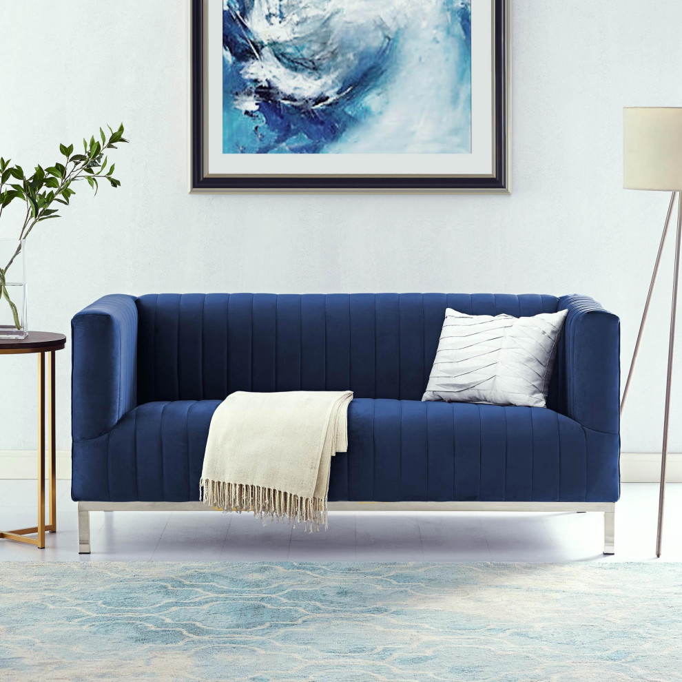 Jordan Velvet Tuxedo Loveseat With Stainless Steel Legs   Contemporary   Loveseats   by Inspired Home  Houzz