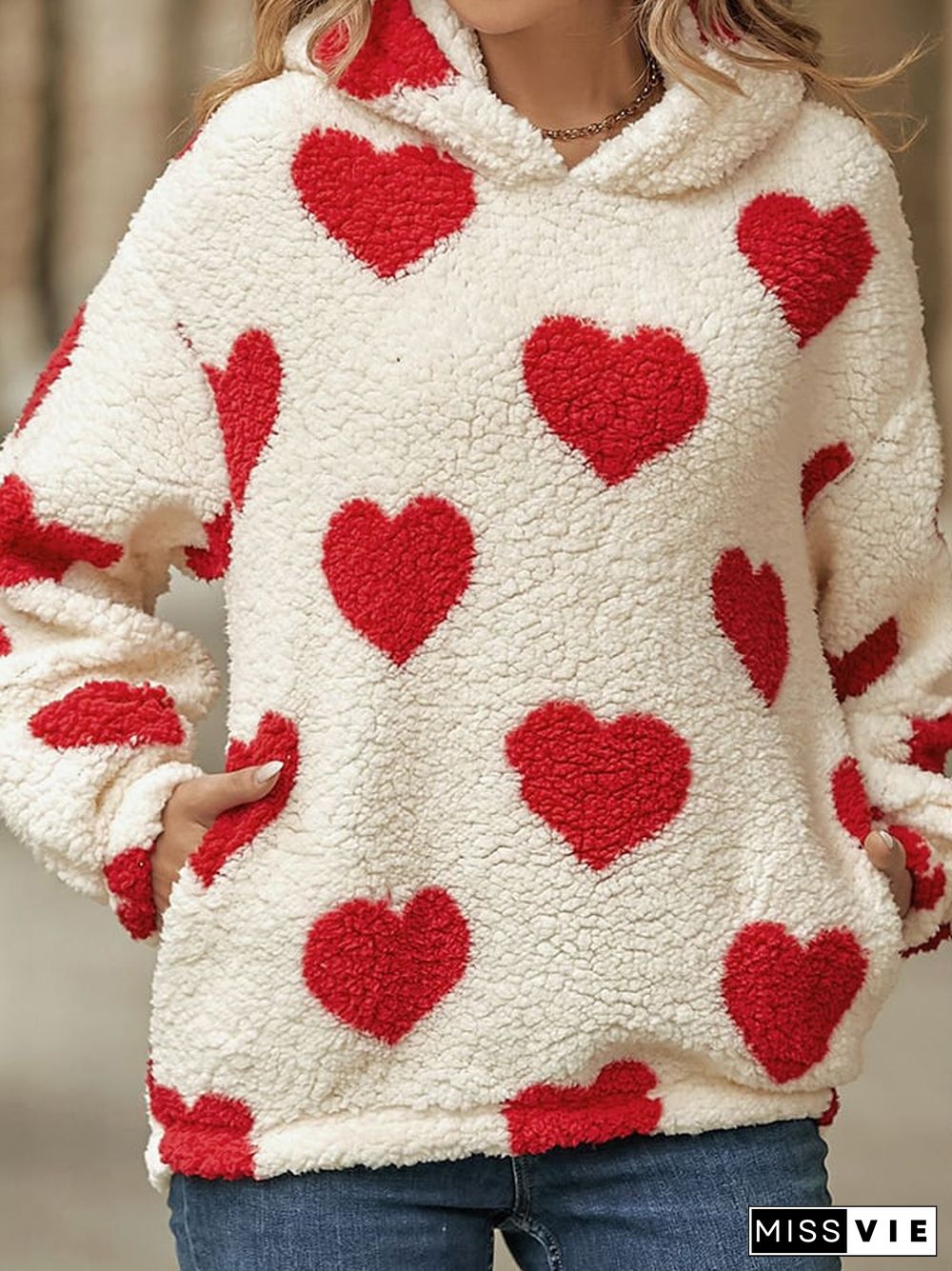 Women's Fashion Loose Pocket Love Print Plush Hoodie