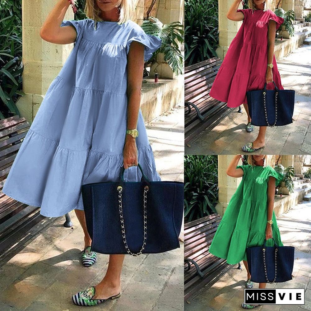 Summer Women Short Sleeve O Neck Solid Color Pretty Ruffle Dress Casual Cotton Baggy Tunic Dresses S-5XL