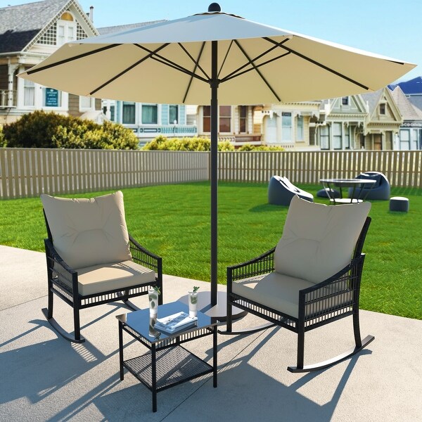 VEIKOUS 3Piece Outdoor Wicker Patio Porch Rocking Chair and Rattan Coffee Table Set with Cushions and Pillows