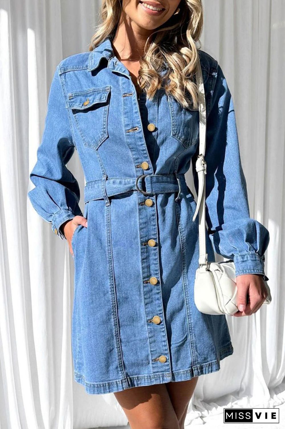 Casual Solid Pocket Buckle With Belt Turndown Collar Long Sleeve Straight Denim Dresses