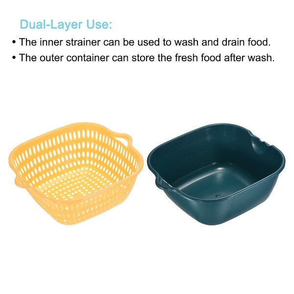 2pcs Drain Basket Double-Layer Vegetable Washing Basket Fruit Bowl - Blue Yellow - 24 x 22 x 9 cm