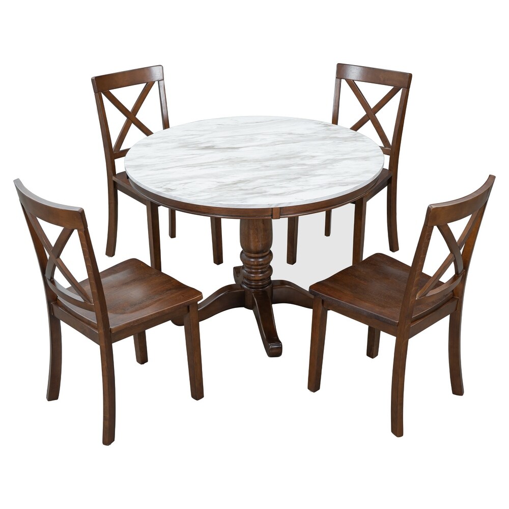 5 Piece Round Dining Table Set for 4 with Drop Leaf   4 Padded Chairs