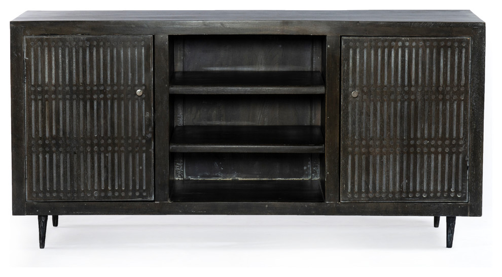 Sarah 2 Door Media Cabinet Mango Solid Wood Antique Brown Finish on Forged Iron   Midcentury   Entertainment Centers And Tv Stands   by Moti  Houzz