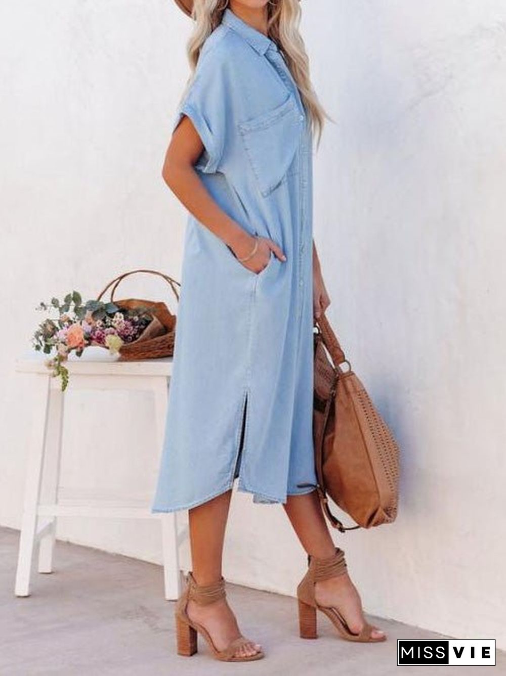 Women'S Dresses Pocket Short Sleeve Denim Slit Shirt Dress