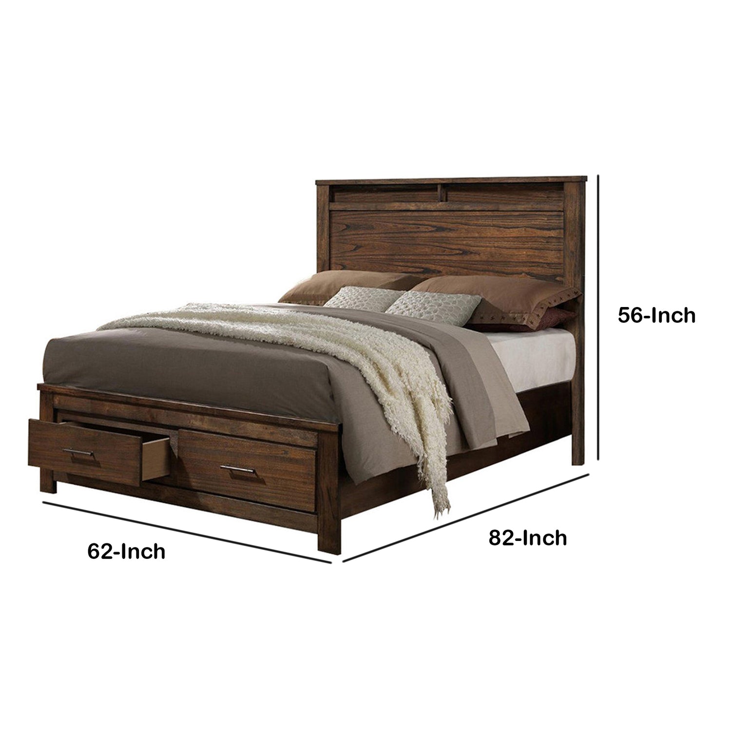 Benzara BM168618 56 x 62 x 82 in. Wooden Queen Size Bed with Display & Storage Drawers& Oak