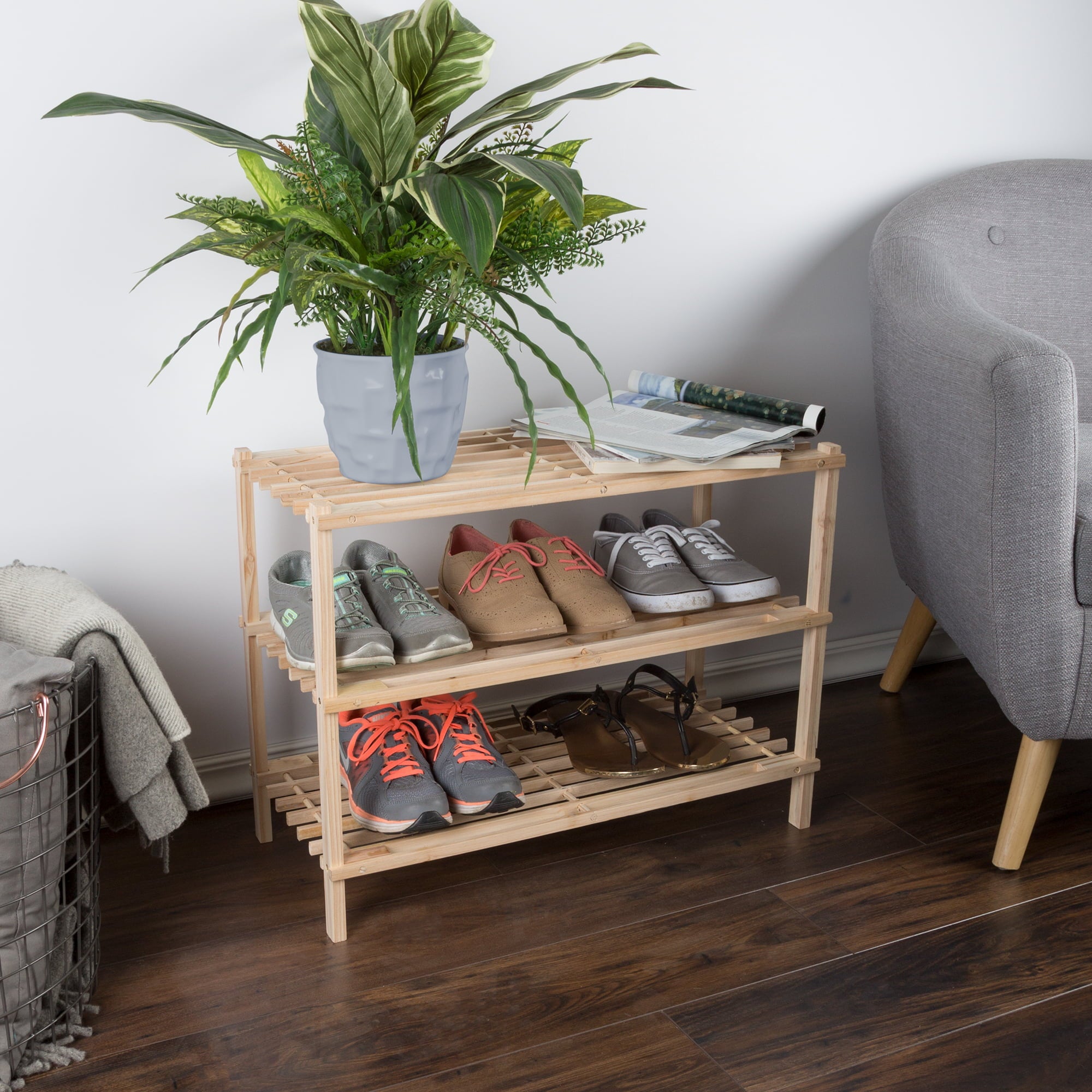 Lavish Home 3-Tier Stackable Space Saver Storage Bench Shoe Rack, Wood, Brown