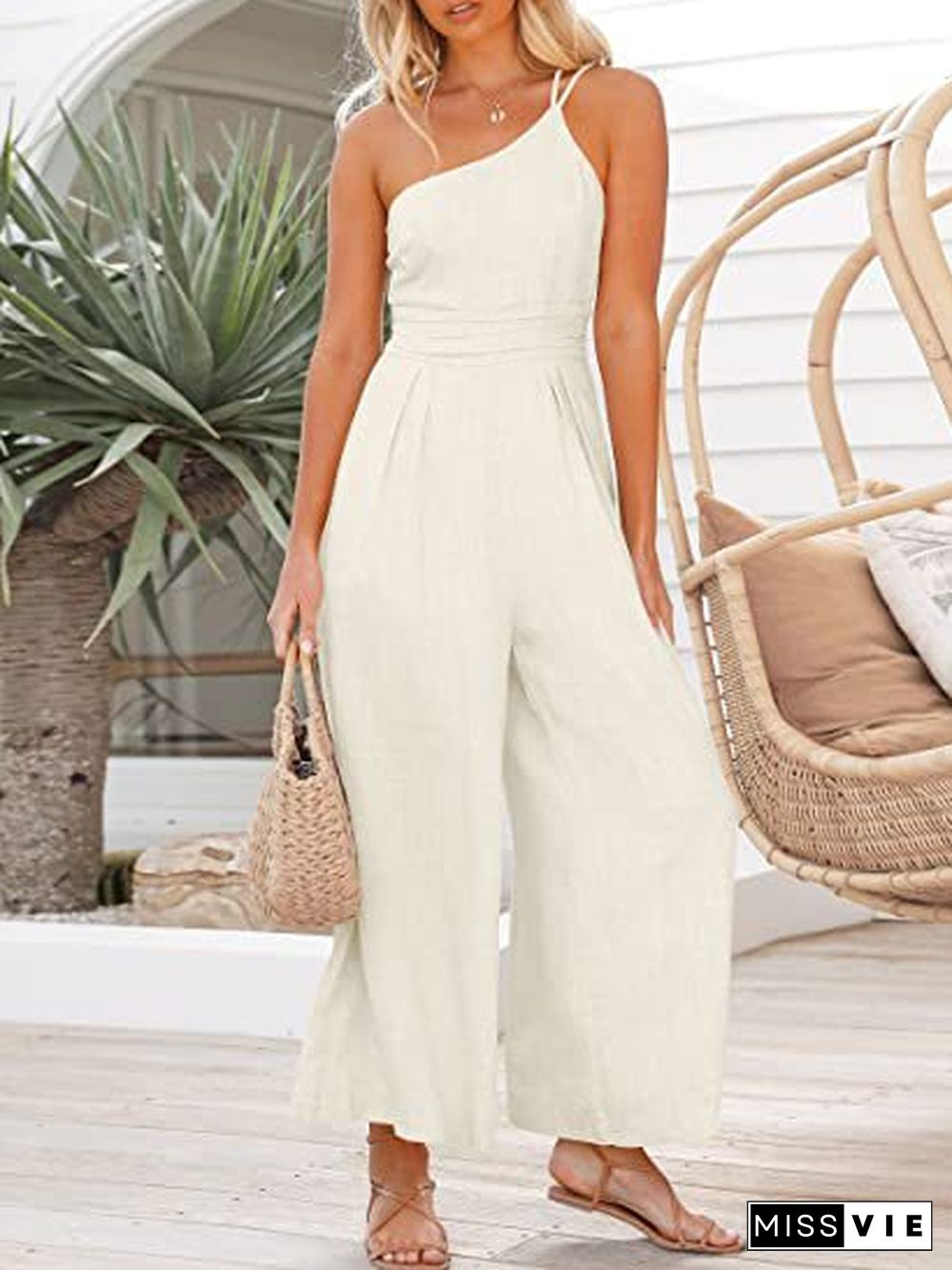 One Shoulder Wide Leg Solid Color Jumpsuit