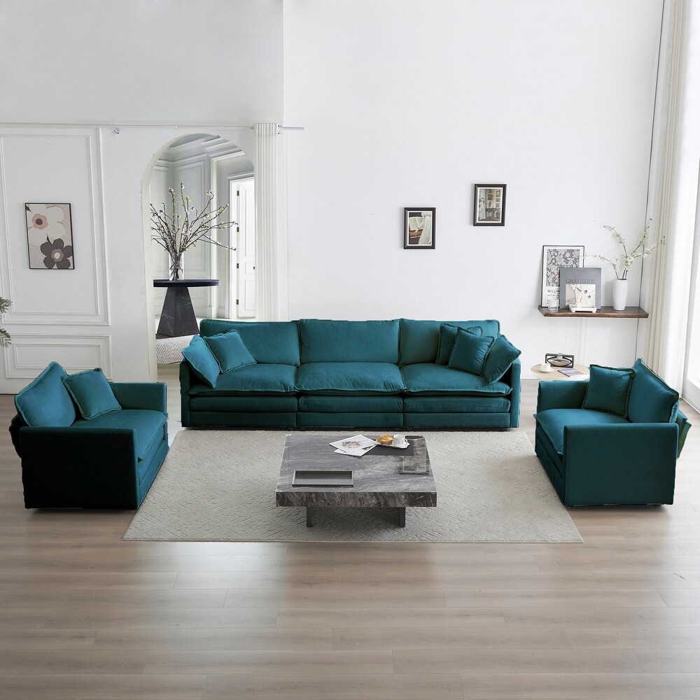 Modern 3 Piece Sofa Set 5 seat Chenille Upholstered Recliner Couch Round Arms Loveseat with 2pc Accent Chairs Sofa  Pillows