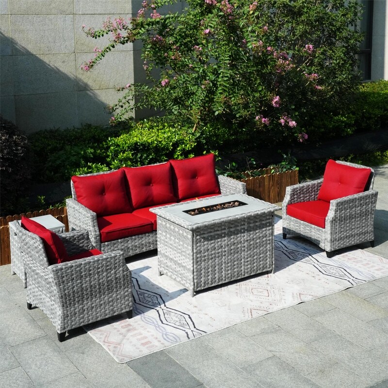 5 Piece Patio Wicker Sofa Set with Firepit Table and Rain cover