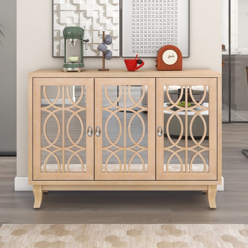 Sideboard with Glass Doors  3 Door Mirrored Buffet Cabinet with Silver Handle  Natural