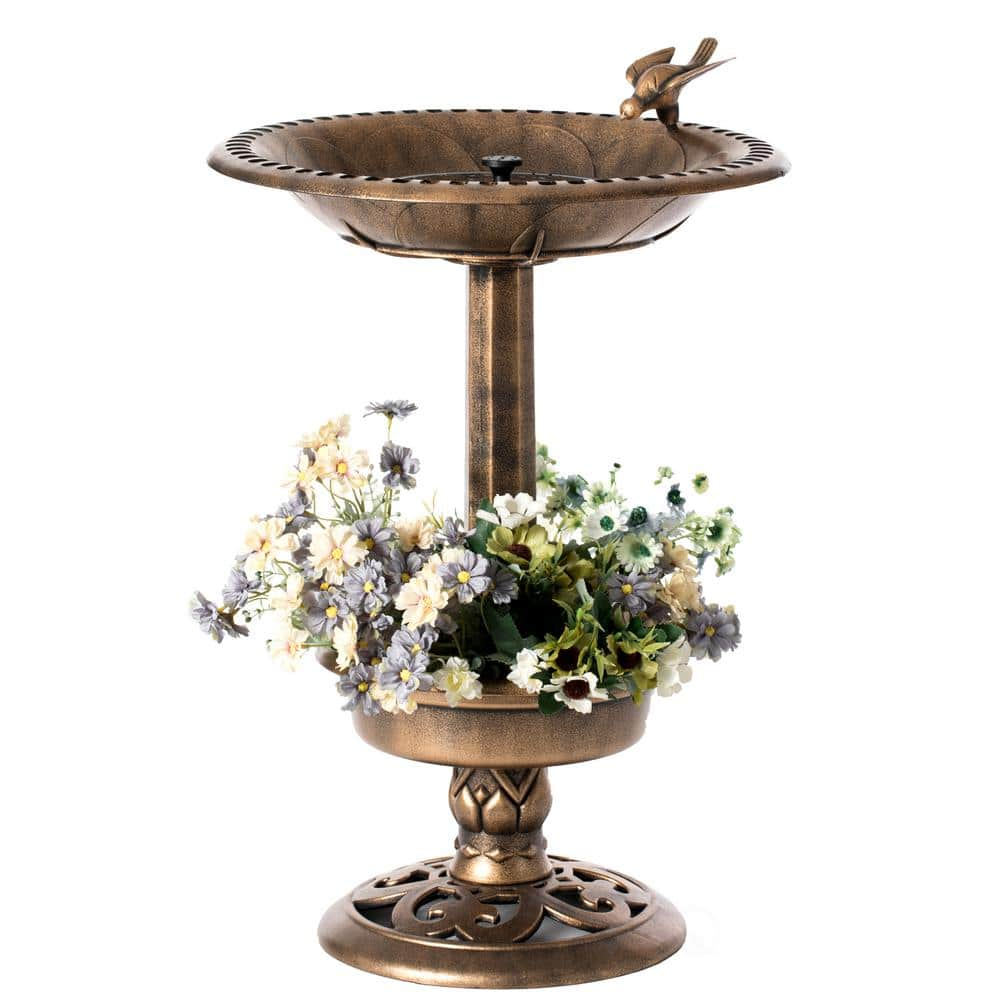 Gardenised Outdoor Garden Plastic Birdbath and Solar Powered Round Pond Fountain with Planter Bowl， Copper QI004101