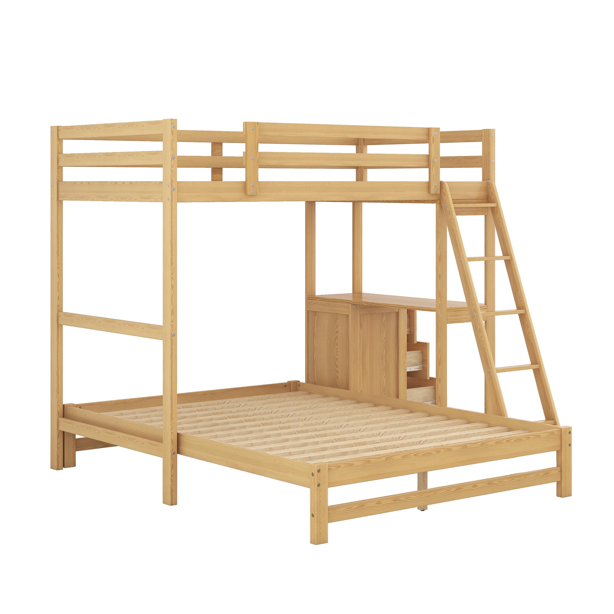 EUROCO Twin over Full Bunk Bed with Desk and Drawers for Kids, Natural