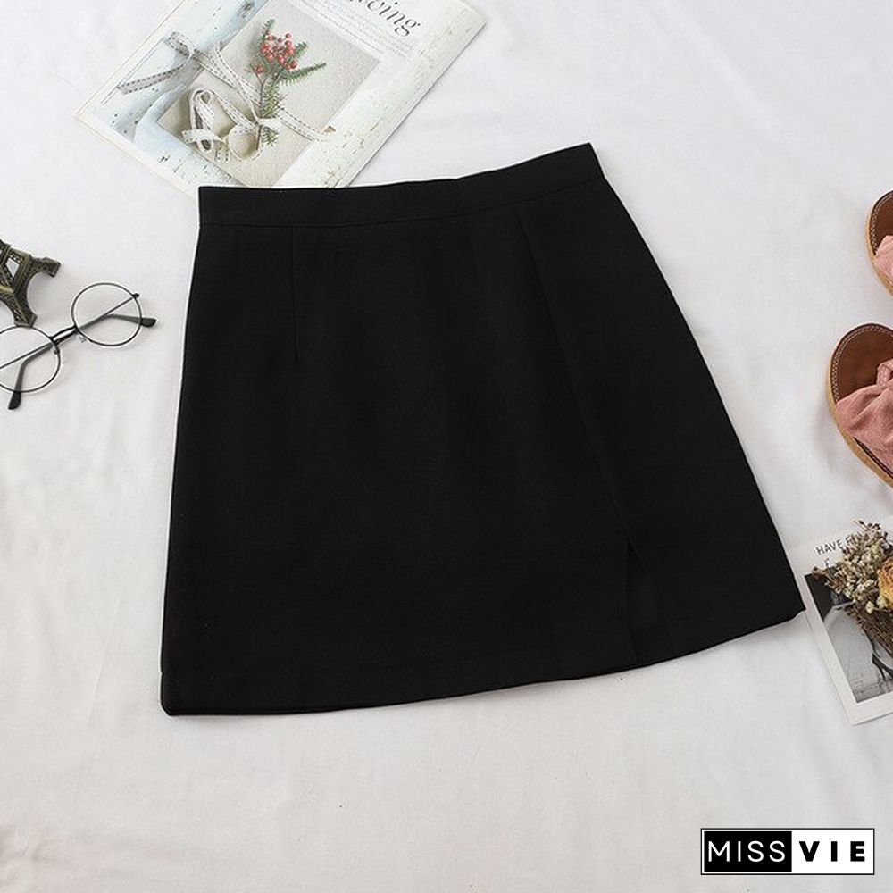 Women Skirts Preppy Style A-line High-waist Split Mini Skirts Women Solid Elegant Casual OL Skirts For Women Spring