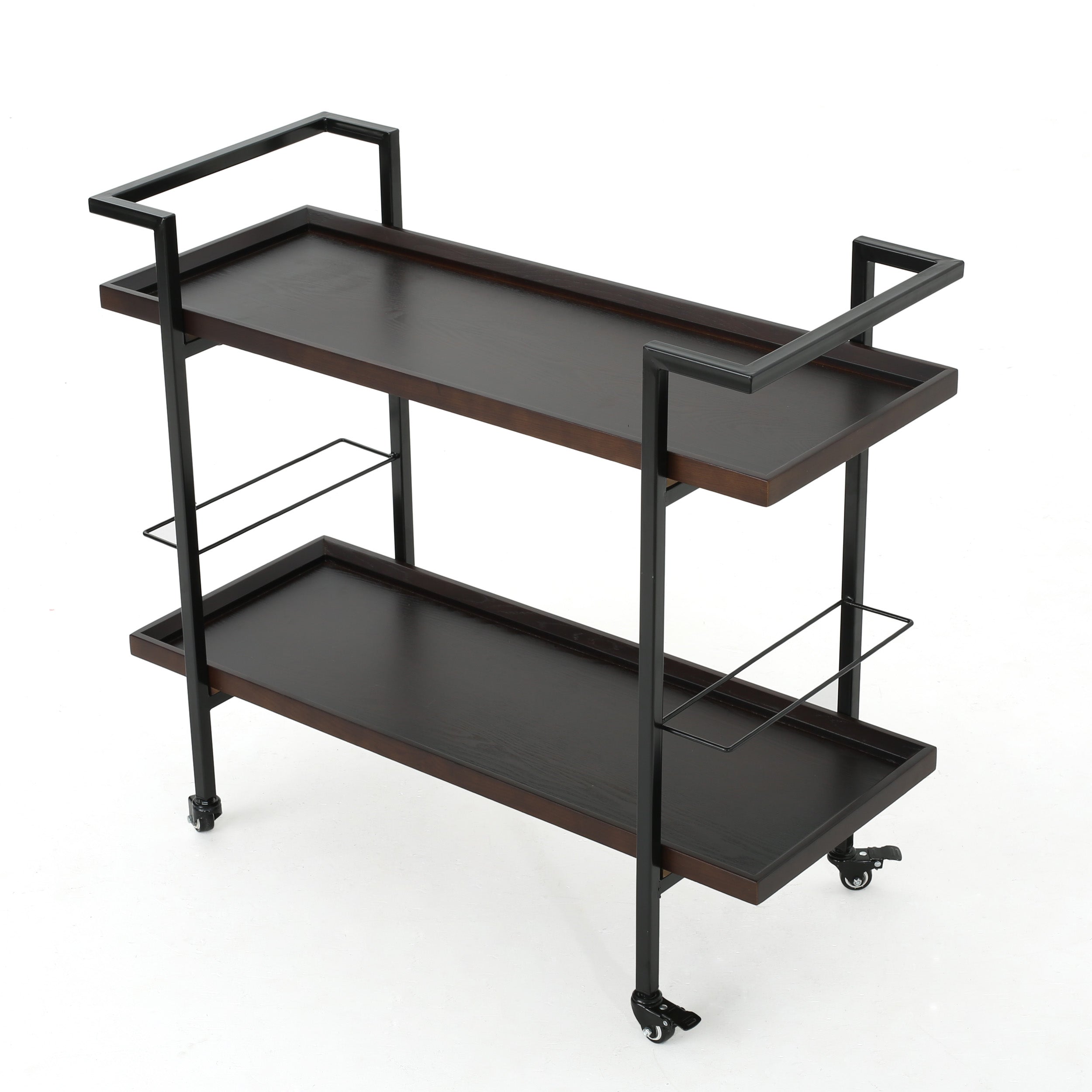 Gerard Modern Industrial Two Shelf Wood Finished Bar Cart with Rolling Casters