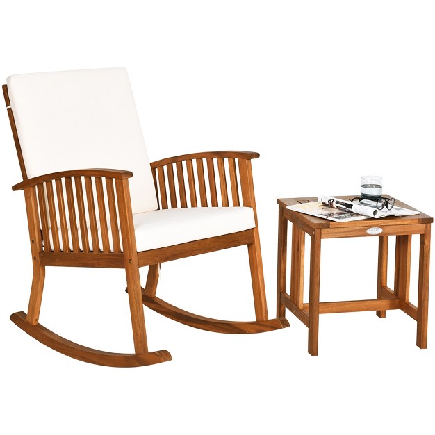 Costway 2pcs Acacia Wood Patio Rocking Chair Set Cushioned Coffee Table