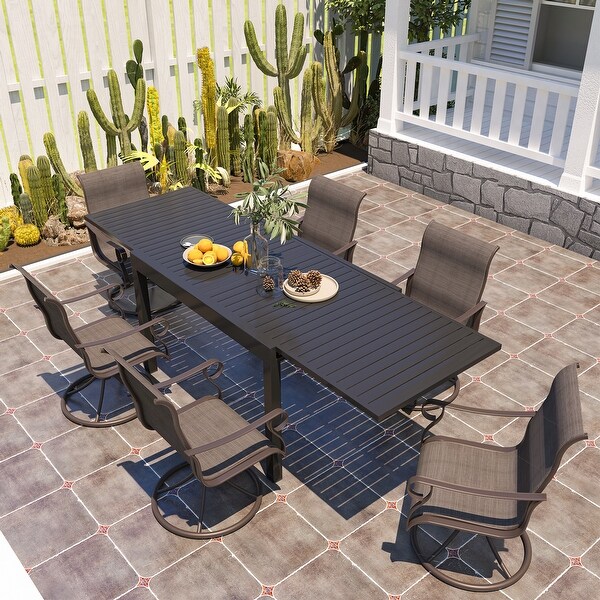 Outdoor 7 Piece Teslin Swivel Chair with Extending Table Set