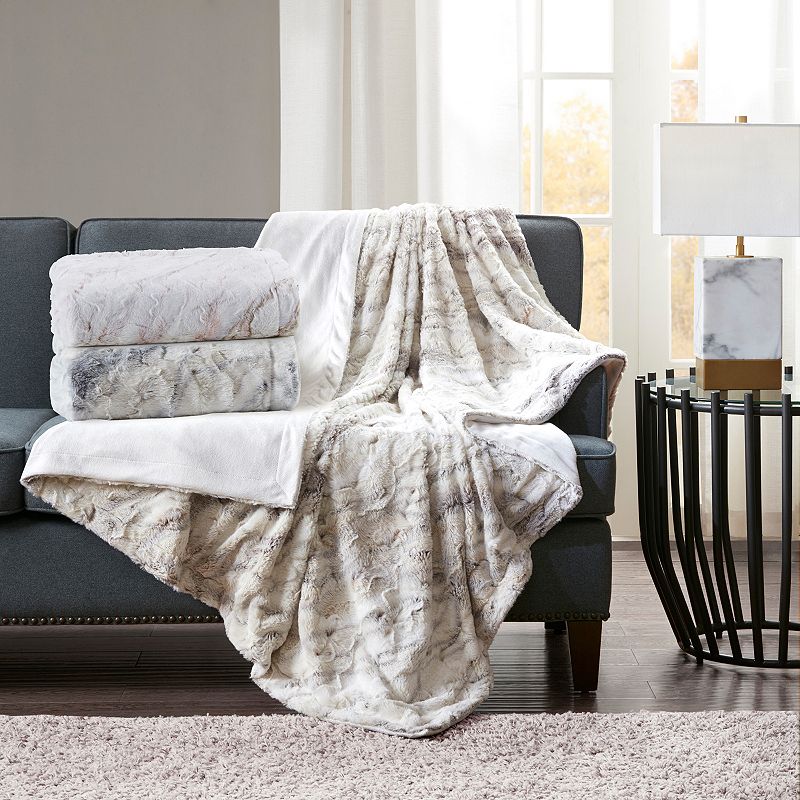 Madison Park Sachi Oversized Marble Print Faux Fur Throw Blanket